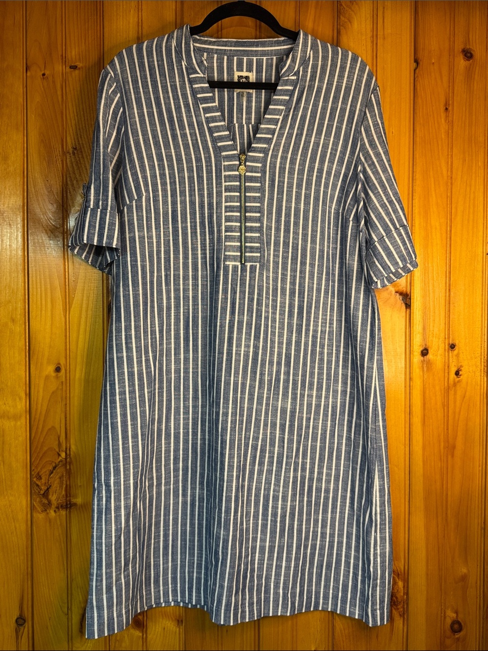 Anne Klein Blue and White Striped V-Neck Midi Shift Dress